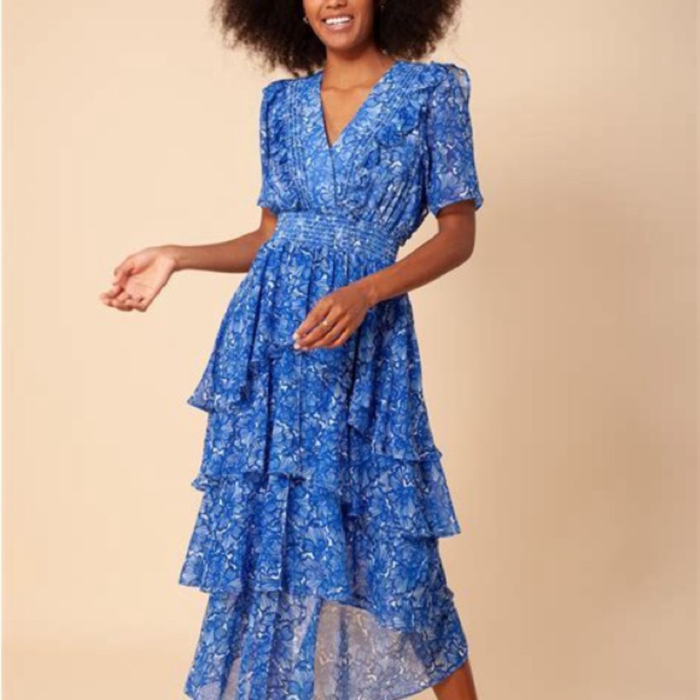 Hale Bob Blue and White Asymmetrical Ruffled Sundress